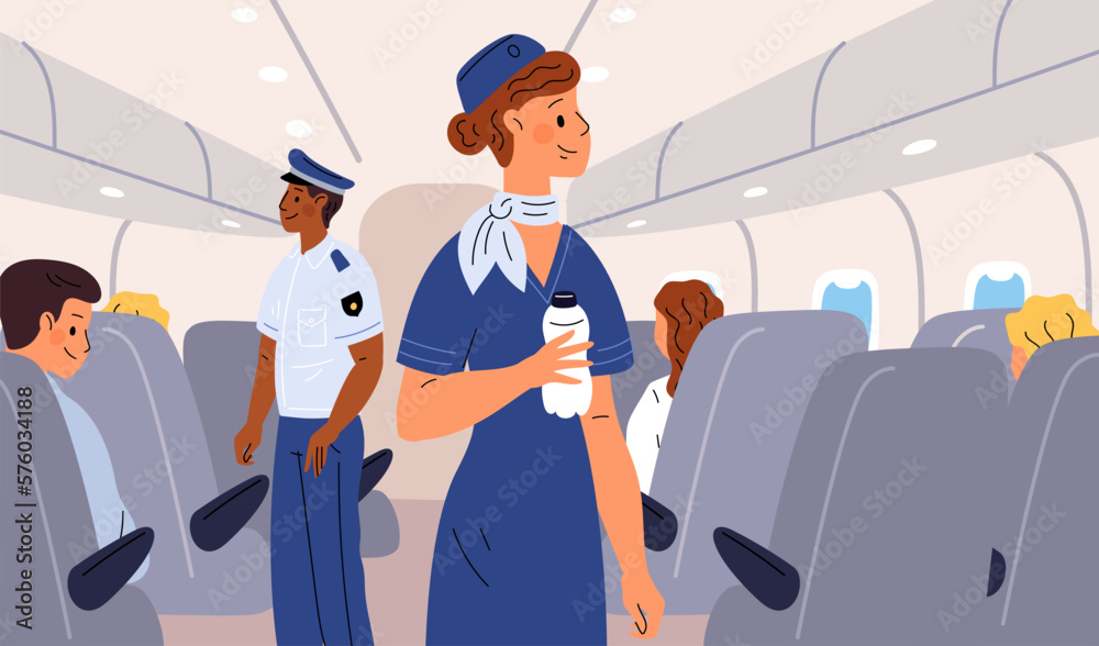 Stewardess in plane cabin. Flight attendant checks passengers and carries water. Aircraft board. Com