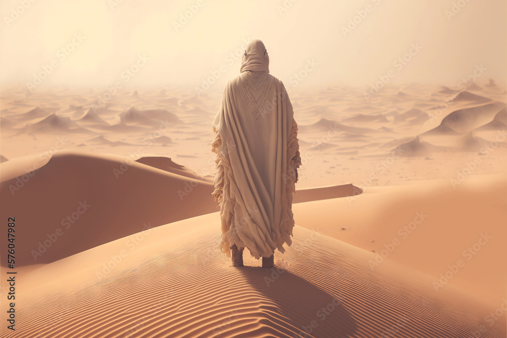 Man in white coat stand in a desert sands during the storm, looking on dunes empty landscape. Genera
