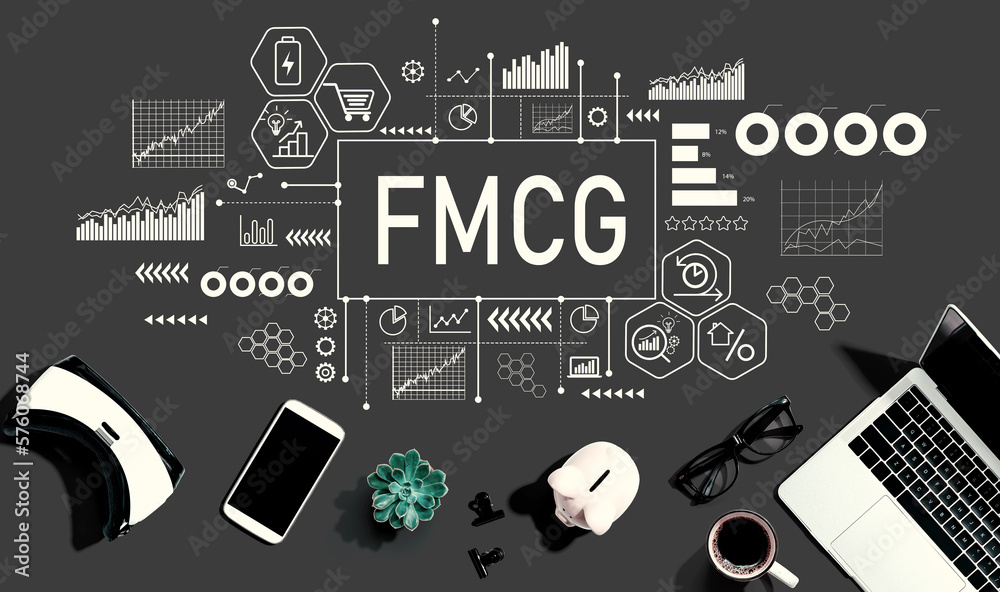 FMCG - Fast Moving Consumer Goods theme with electronic gadgets and office supplies - flat lay