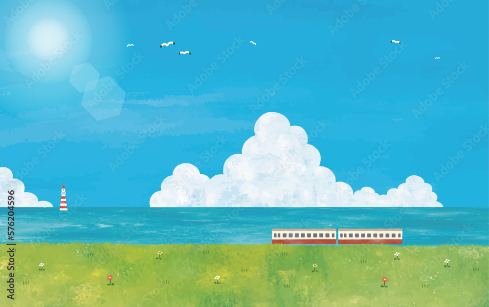 夏の空と草原と電車の風景水彩画