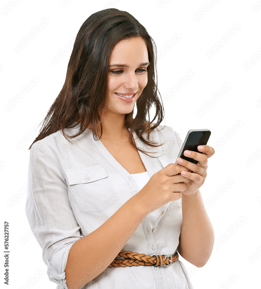 A beautiful woman entrepreneur smiling and reading or typing on her smartphone for social media post