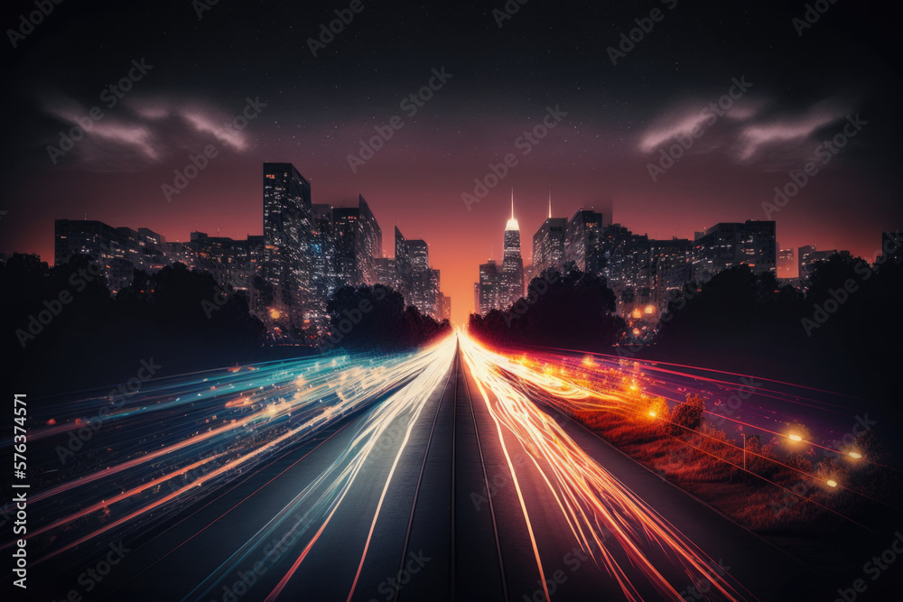 The Vibrant Energy of Cities: Night timelapse cityscape lights with Traffic Trails AI Generative