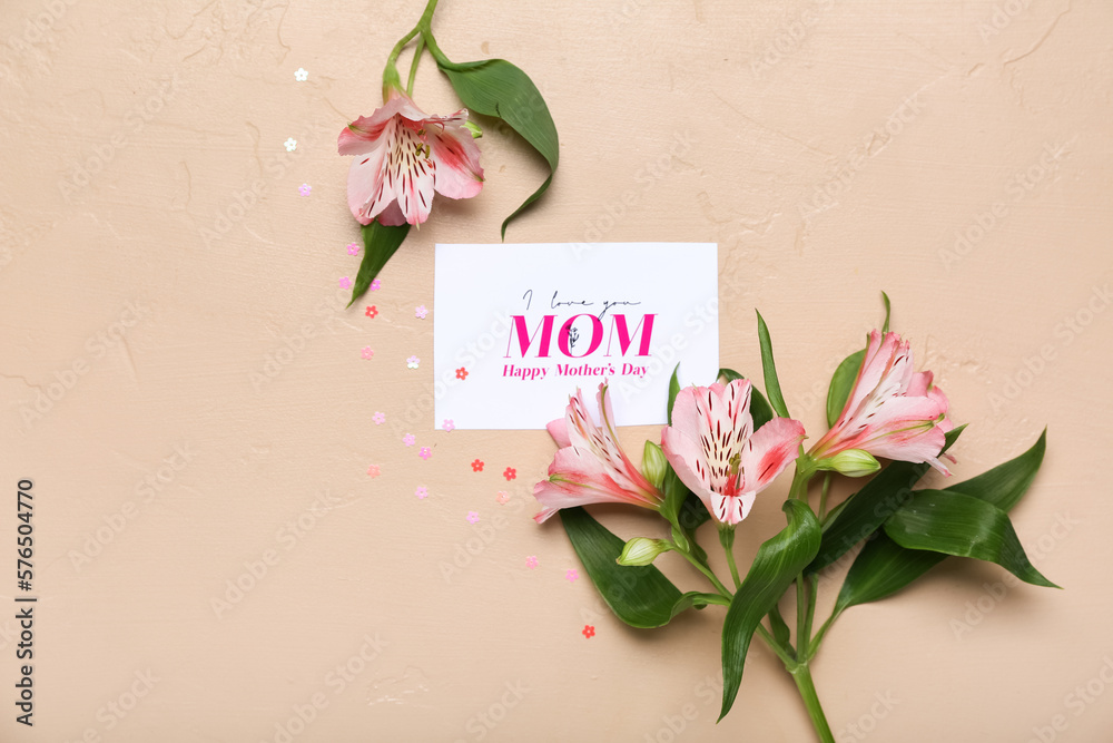 Composition with greeting card and beautiful alstroemeria flowers on color background. Mothers Day 