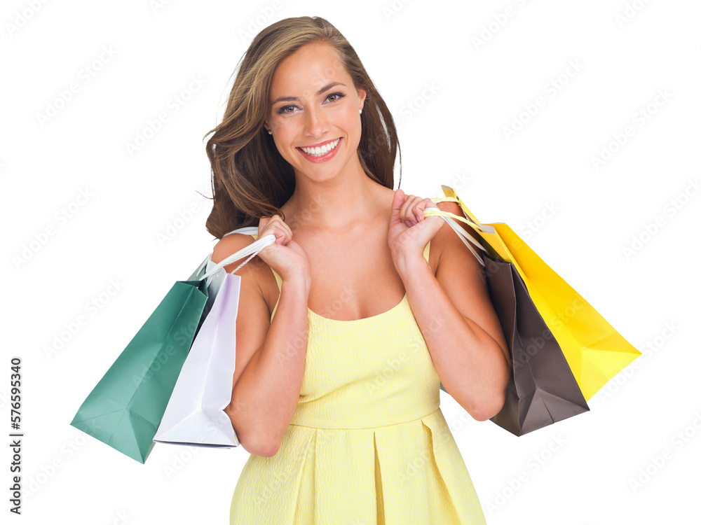 A beautiful caucasian girlfriend or a happy female customer with shopping bags buying gifts at a mal