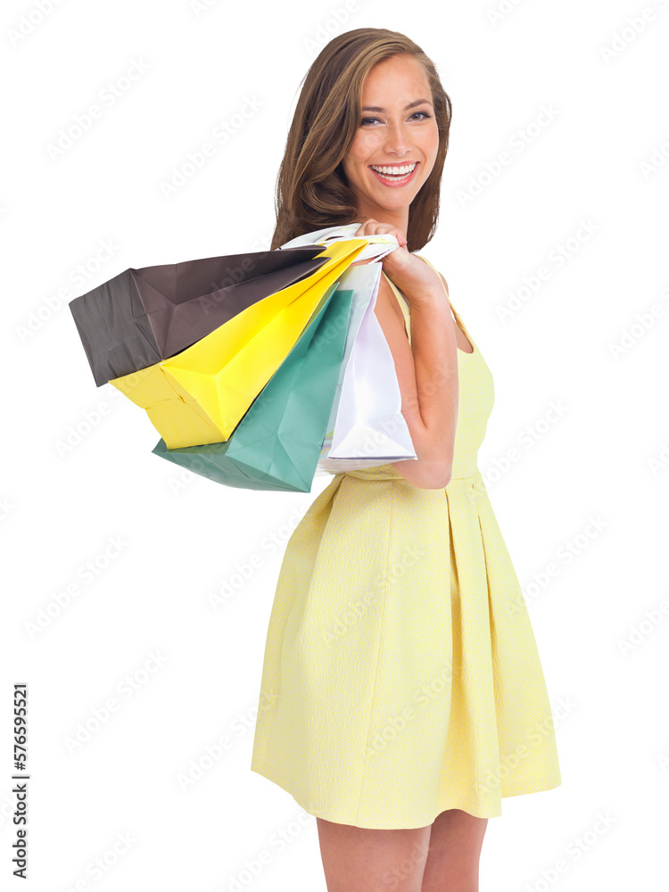A female model or woman looking through the shoulder carrying shopping bags and buying gifts at mall