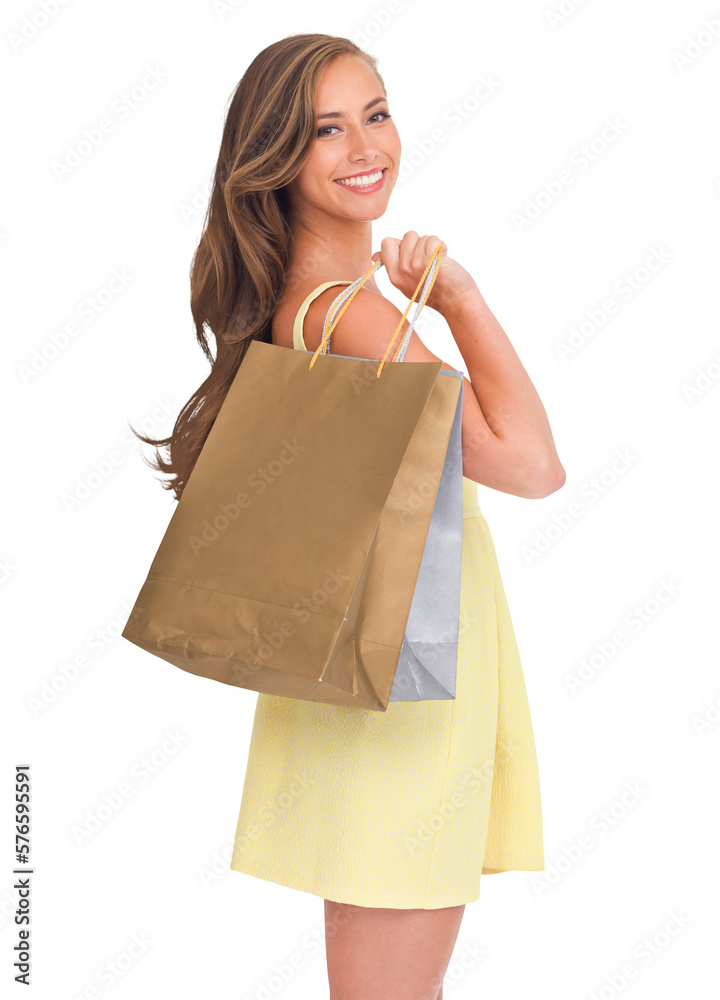 A beautiful woman or a happy rich, and wealthy female customer standing with a shopping bags after b