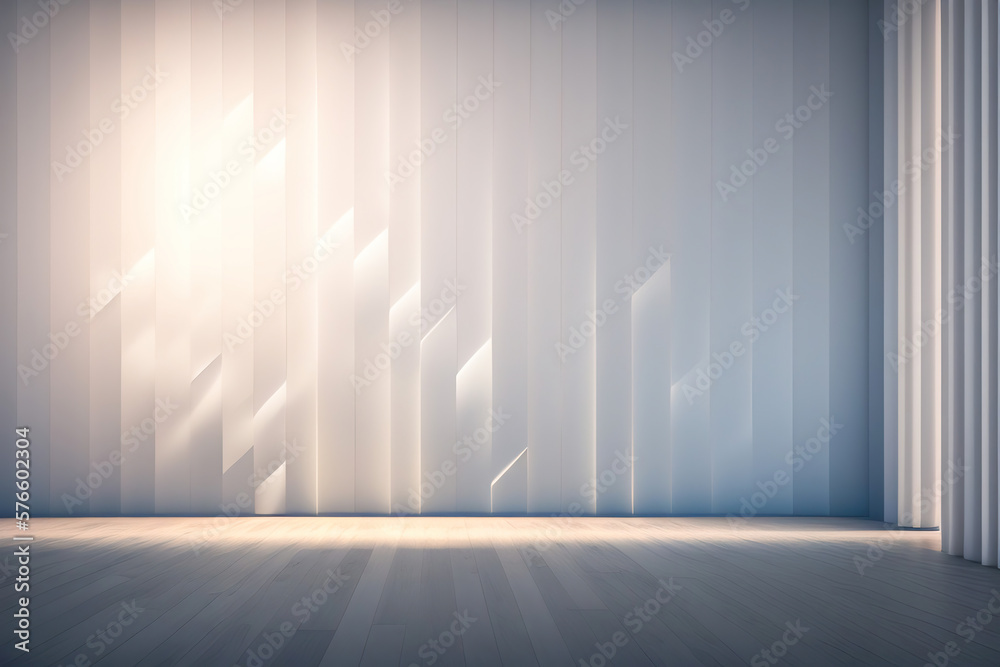 Empty light interior background. White textured empty wall and wooden light floor with beautiful lig