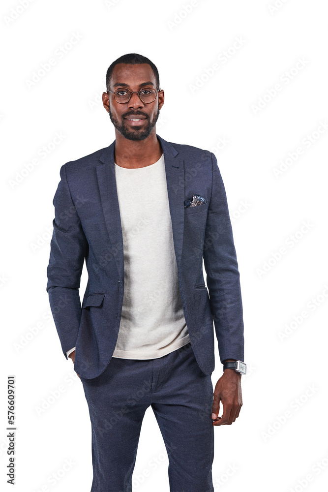 A confident young black bachelor or entrepreneur wearing a fashion designer suit and vision glasses 