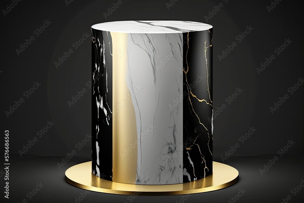 Podium, Pedestal, Stand, in the form of a black and gold marble cylinder,. Generative AI