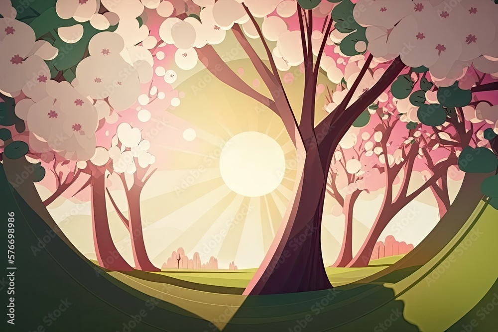 Pink blossoms bloom in the spring in this beautiful border or background design. Stunning sun rays a