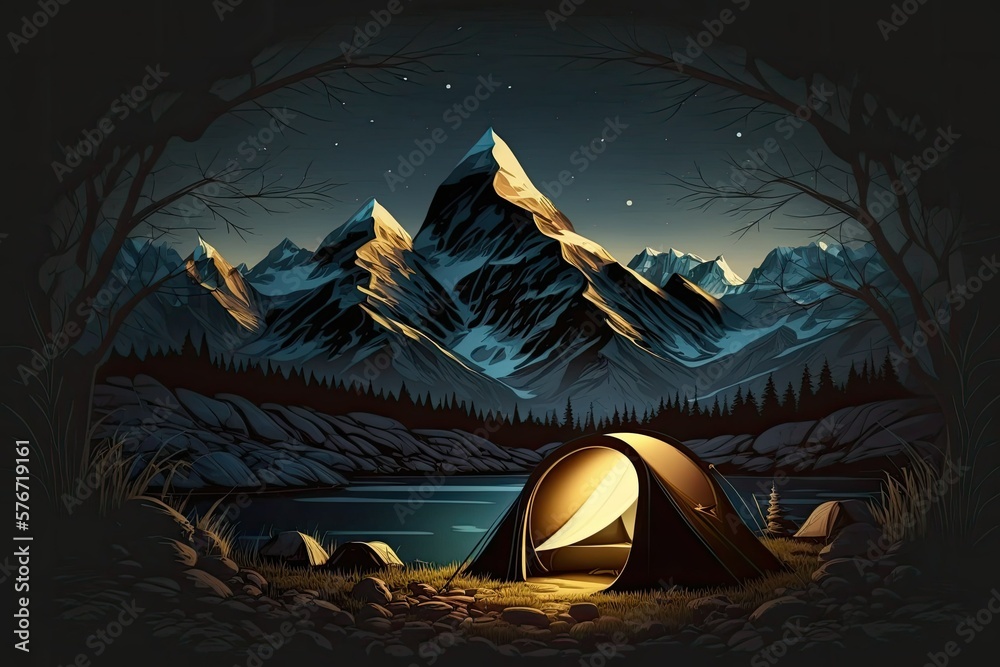 Tent camping with lights on in the dark mountains. Generative AI