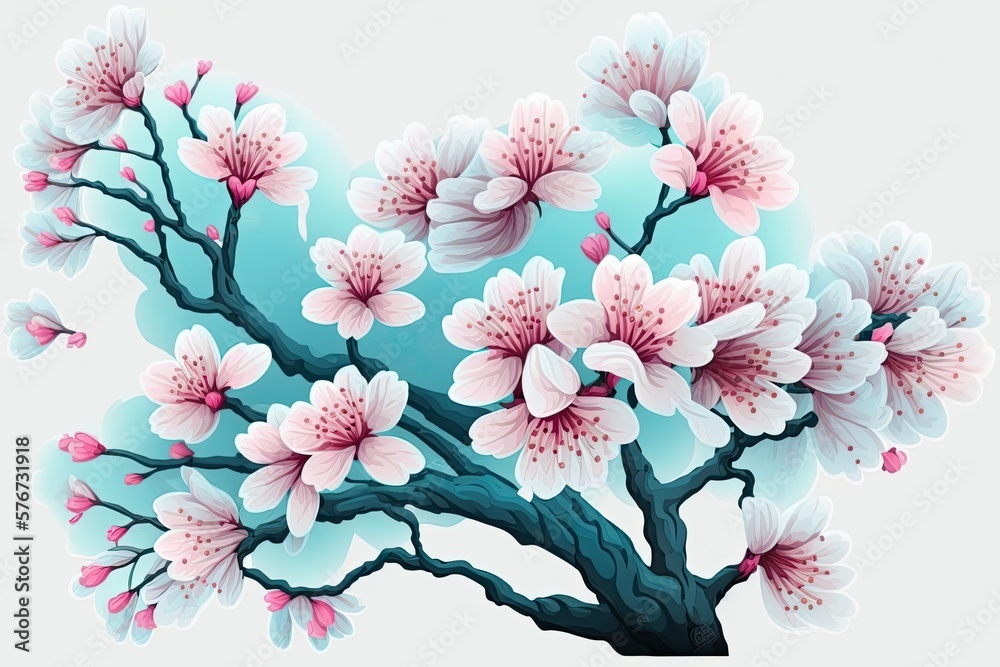 White Background with Pink Cherry Blossoms Isolated. Generative AI
