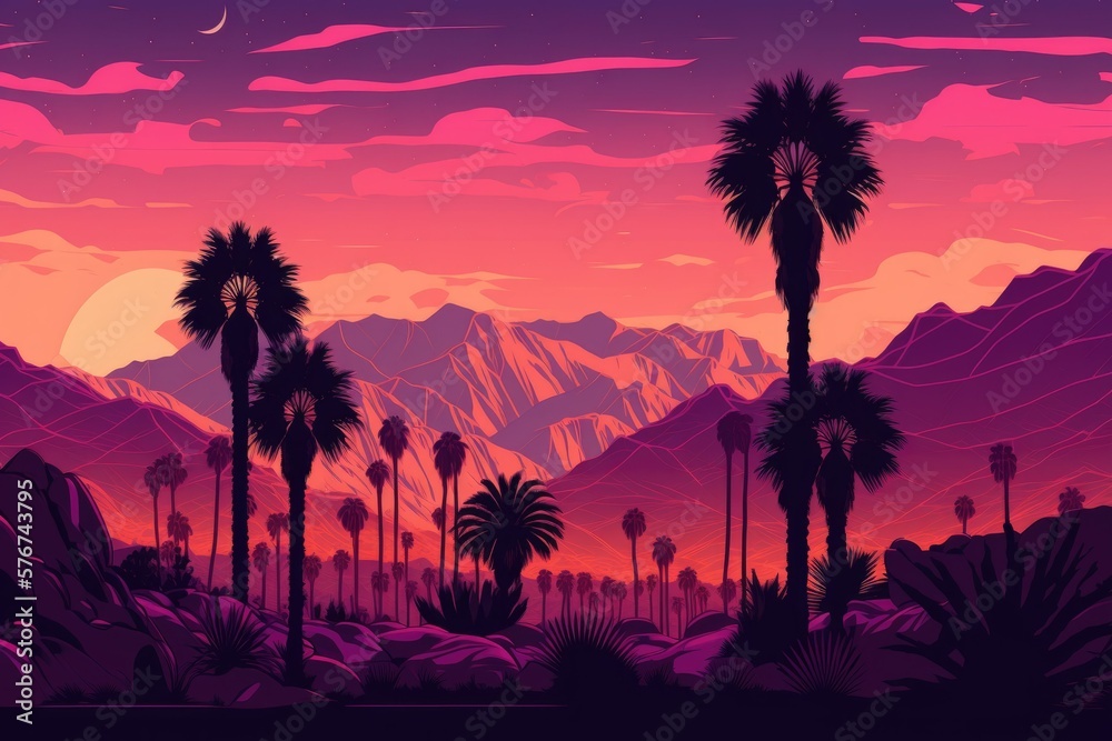 Sunset in Palm Springs with a Matte Violet Color Grading Panorama. Background of palm trees and moun