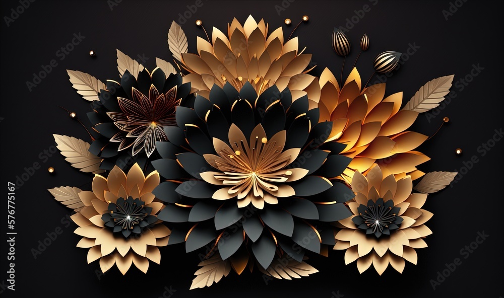  a black and gold paper flower arrangement on a black background with gold and silver decorations on
