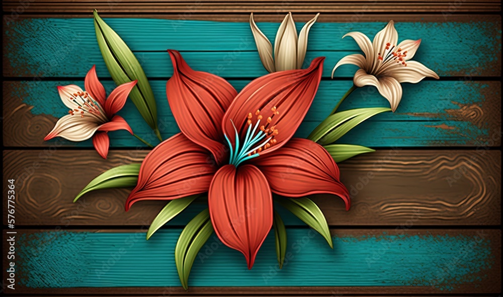  a red flower on a blue wooden planks with green leaves and buds on a blue and brown wood planks bac