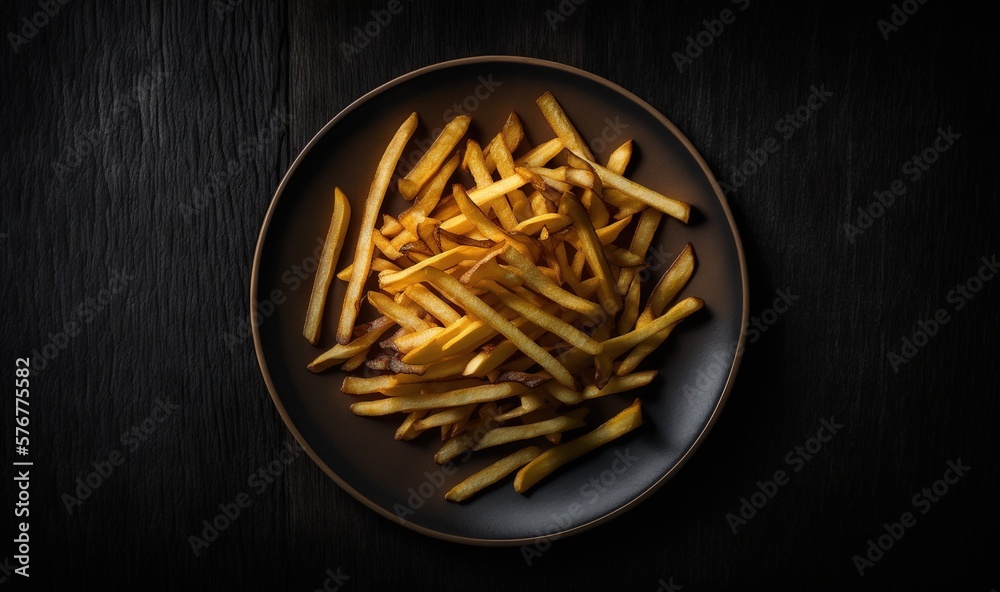  a plate of french fries on a dark table top with a black background and a black table cloth with a 