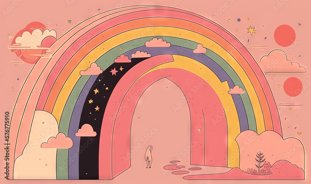  a drawing of a rainbow with clouds and a person walking in the doorway to the other side of the rai