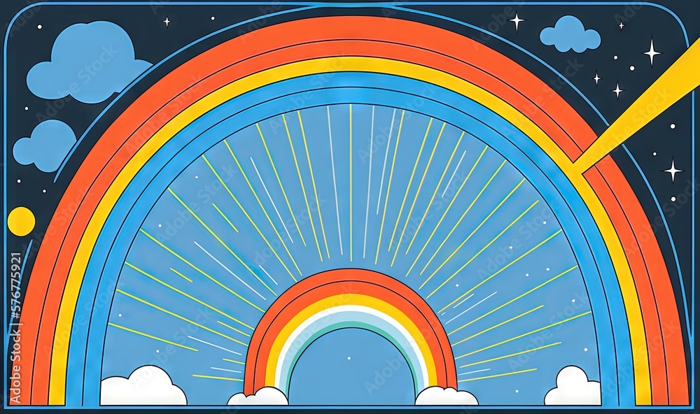  a drawing of a rainbow in the sky with clouds and a star in the sky above it and a yellow arrow in 