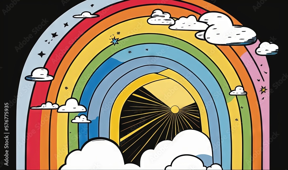  a drawing of a rainbow with clouds and a star in the middle of the rainbow and a star in the middle