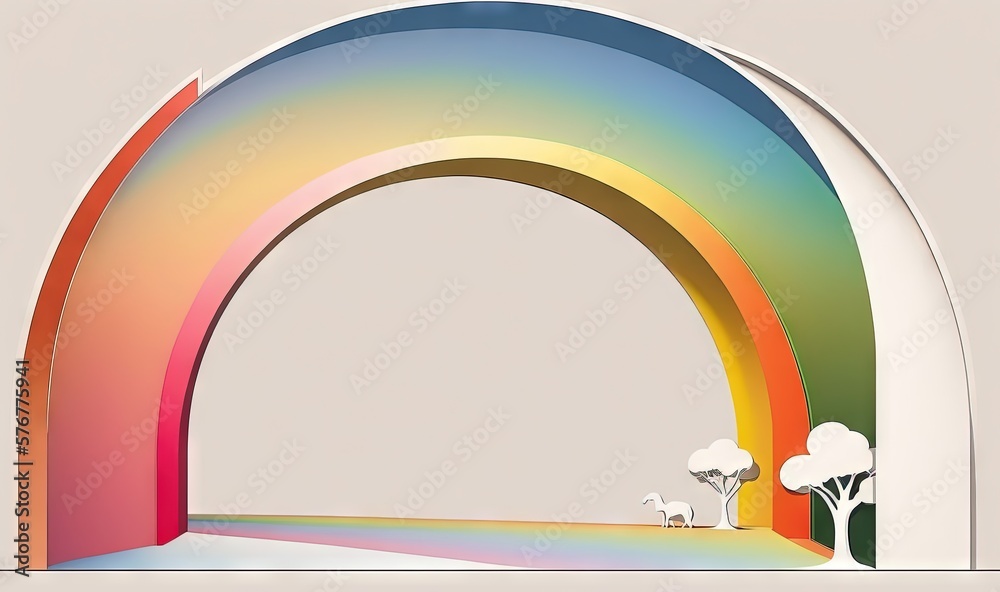  a painting of a rainbow arch with trees and a rainbow in the background with a white cat on the rig