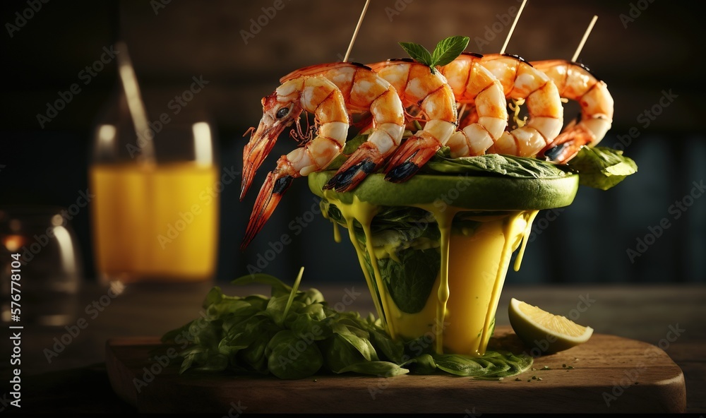  a plate of food with shrimp on top of it and a glass of orange juice in the background with a straw