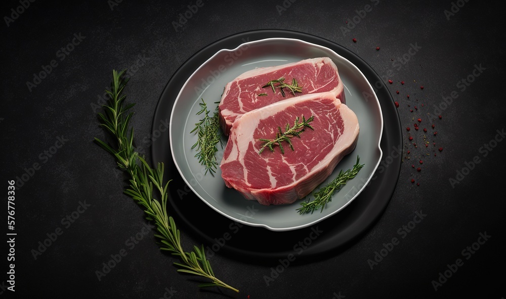  two pieces of raw meat on a plate with a sprig of rosemary on top of it on a black surface with a s