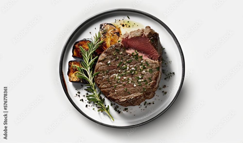  a plate of steak and potatoes on a white plate with a black rim and a sprig of rosemary on top of t