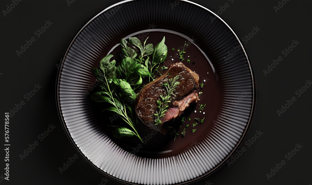  a plate with a piece of meat and greens on it on a black tablecloth with a silver rim and a white s