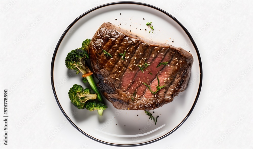  a piece of steak and broccoli on a white plate with a black stripe around the edge of the plate, on