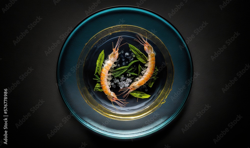  a blue plate with shrimp and greens on a black table top with a black background and a black table 