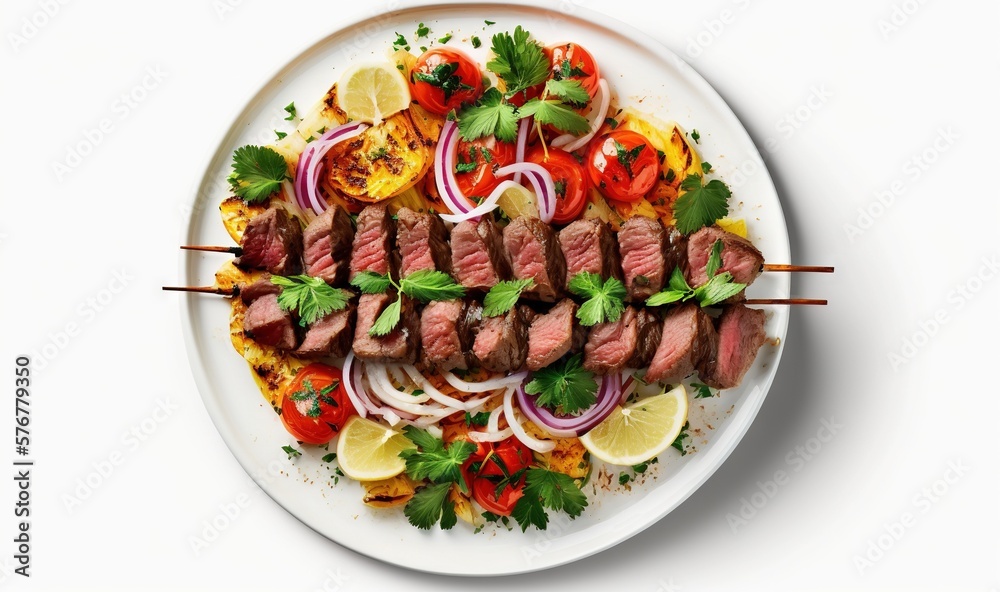  a white plate topped with meat and vegetables on skewered skewered skewered skewered skewered skewe