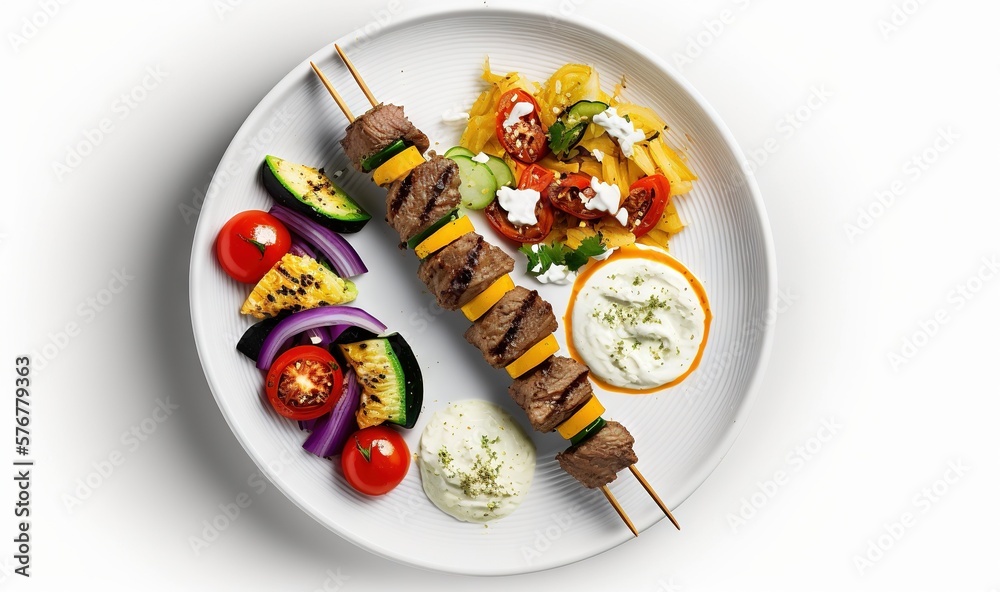  a white plate topped with meat and veggies on skewers next to a bowl of dressing and a salad on a w