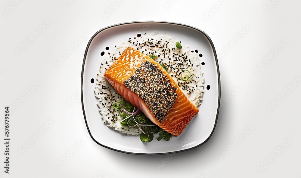  a white plate topped with a piece of salmon next to rice and greens on top of a bed of black sesame