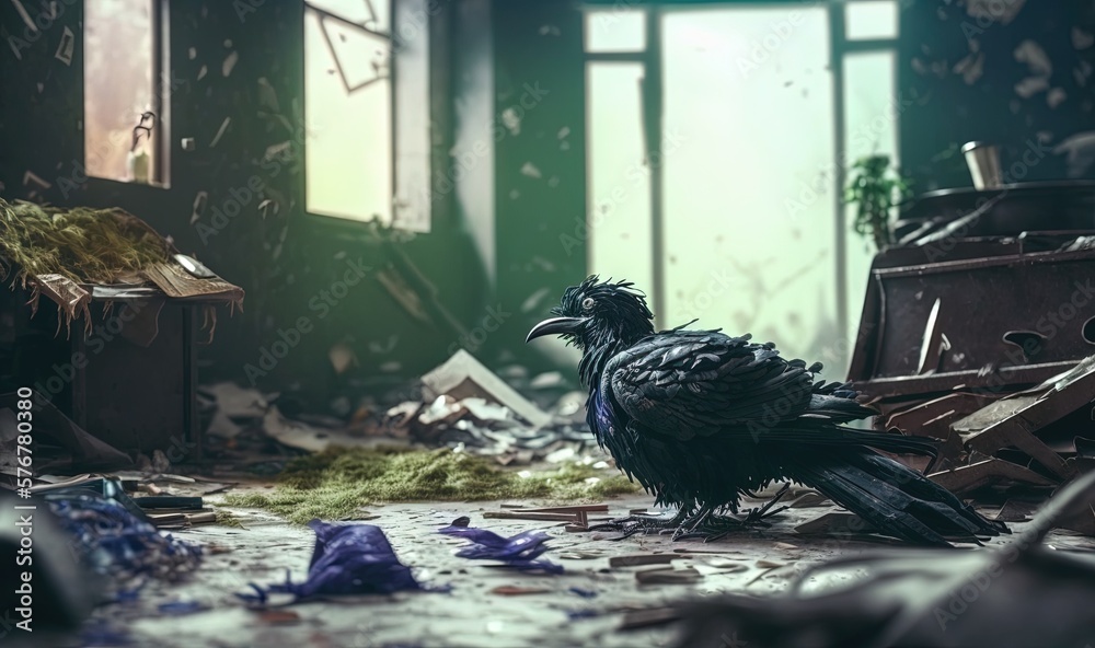  a black bird sitting on top of a pile of trash next to a broken chair and a broken window in a room