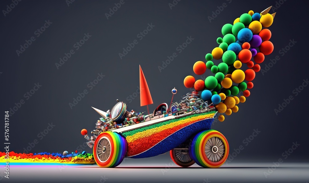  a colorful car with a bunch of balloons on its back and a bunch of other things on the back of it