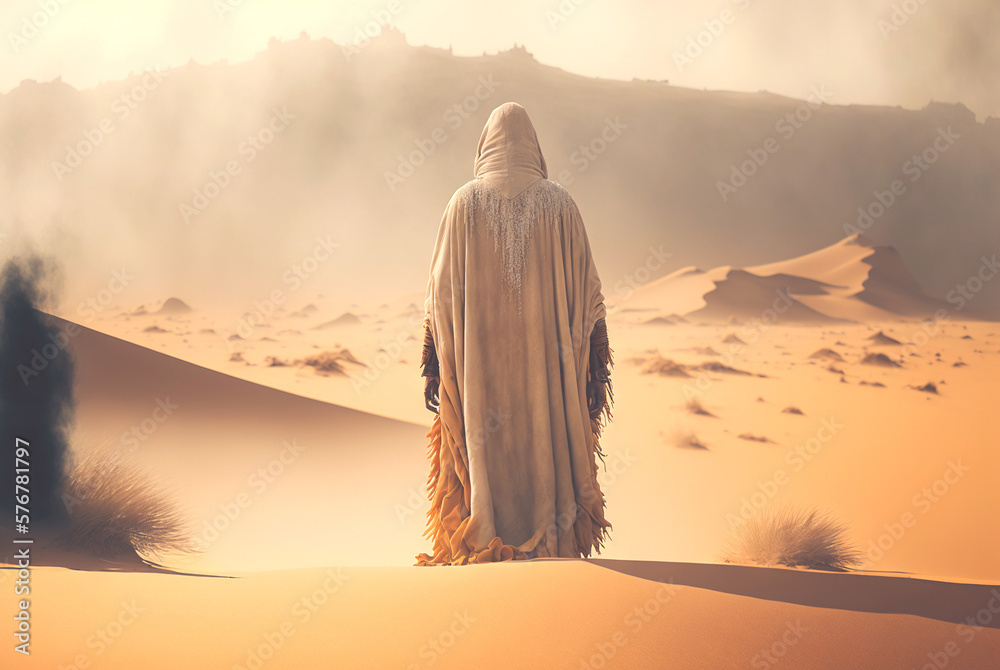 Man in white coat stand in a desert sands during the storm, looking on mountains landscape. Generati
