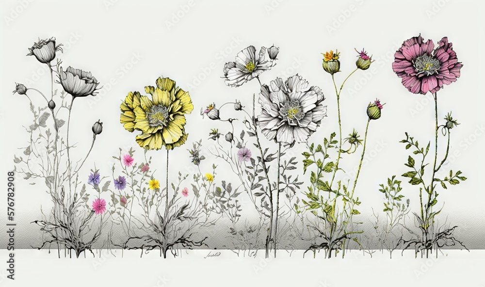  a drawing of a bunch of flowers in a field of grass and flowers in a row, with a white wall in the 