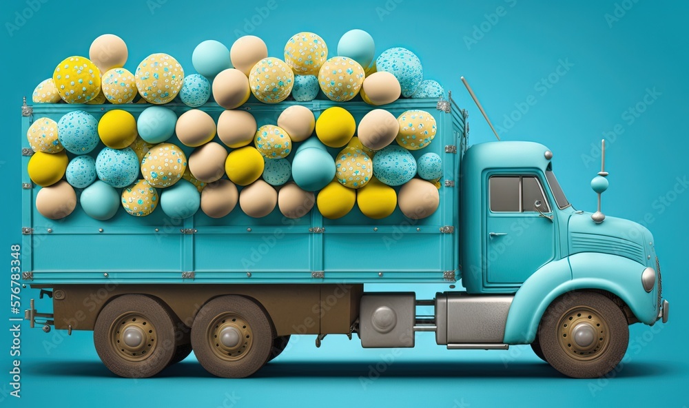  a blue truck with a bunch of eggs on the back of its cab and a blue background with a blue sky and