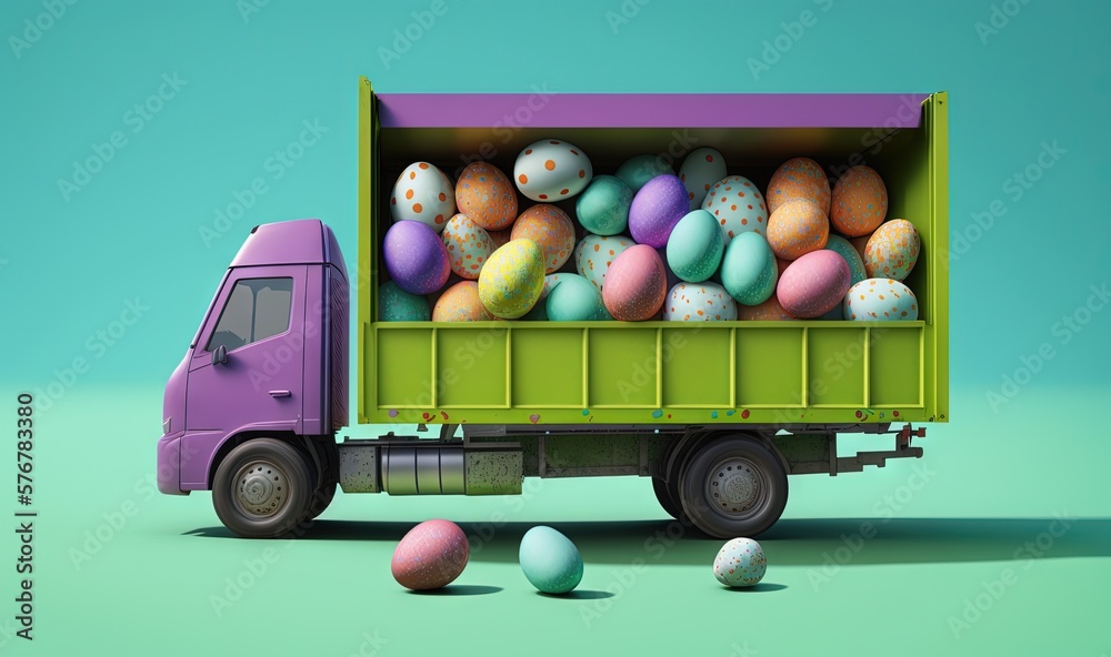  a truck with a trailer full of eggs on the back of it, on a green background, with a blue sky in th