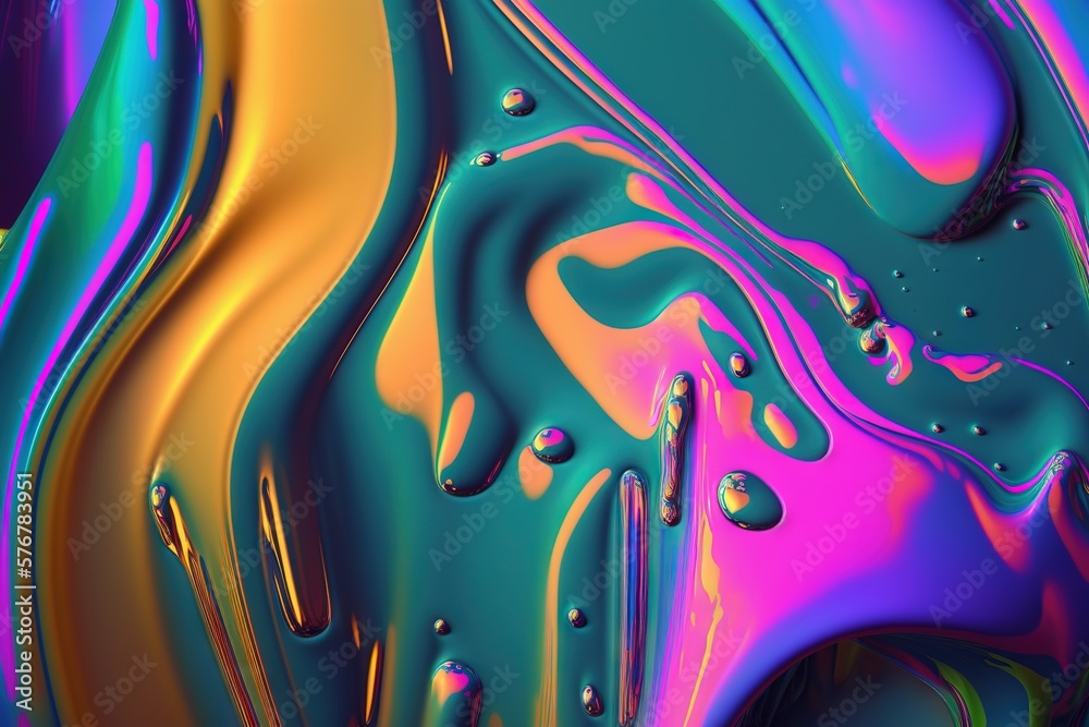 Iridescent paint colorful vivid background. Liquid splashes and drops. Generative AI