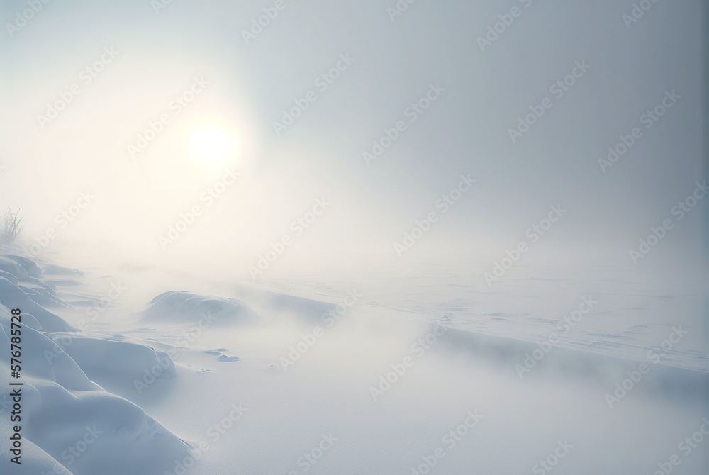 Snow dunes panorama during blizzard. White and empty frozen scenic imaginary landscape. Generative A