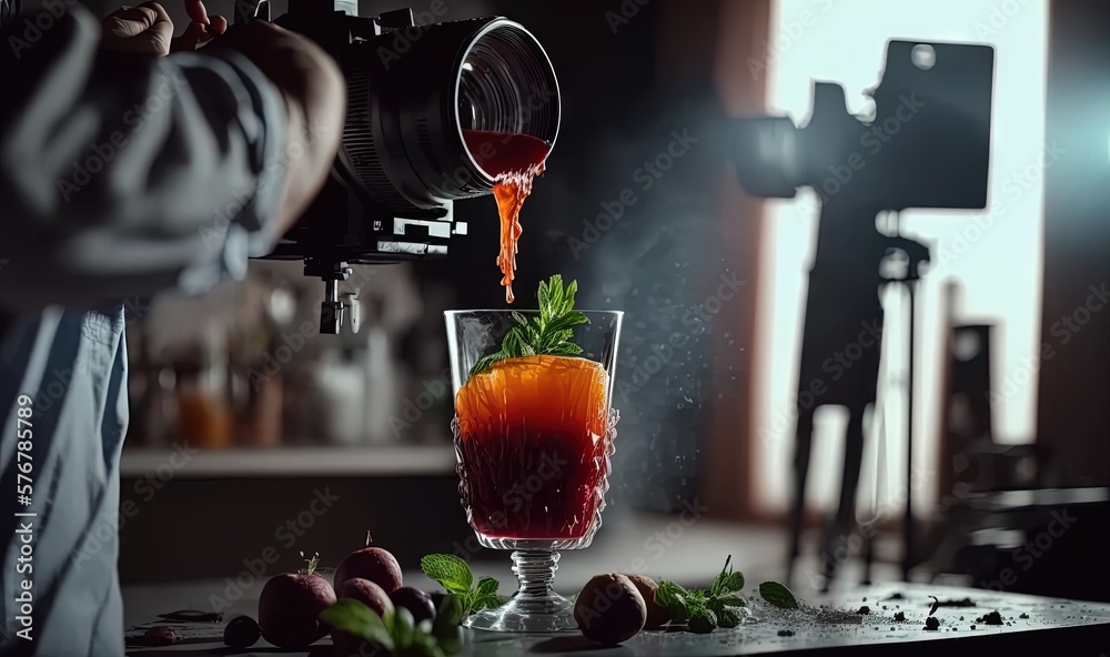  a person pouring a drink into a glass on top of a table next to fruit and a camera on a tripod with