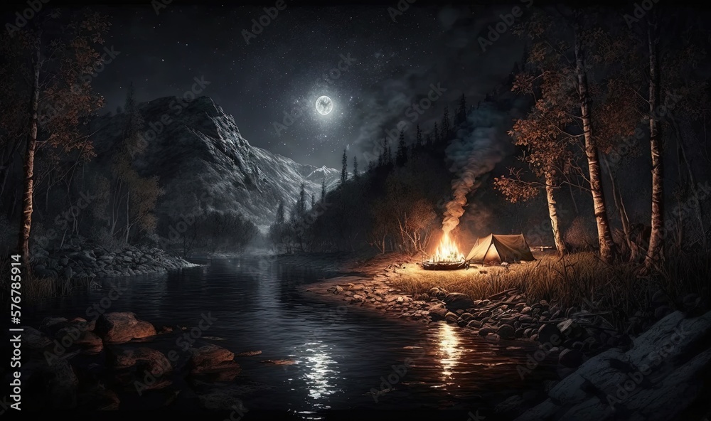  a painting of a campfire and a tent in the woods at night with a full moon in the sky above the tre