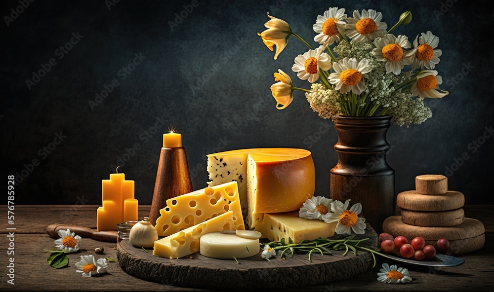  a still life of cheese, flowers, candles, and candlesticks on a wooden table with a vase of flowers