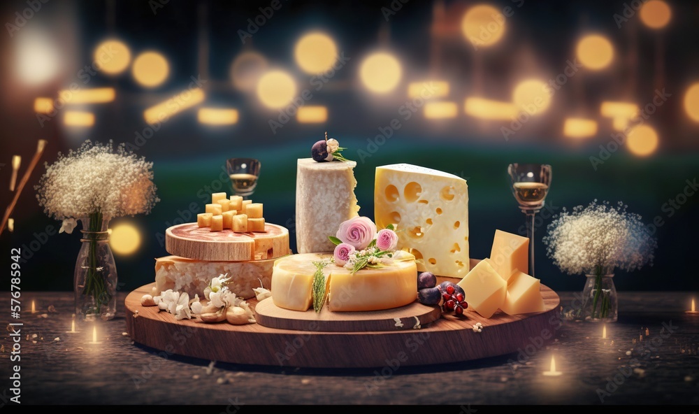  a variety of cheeses on a wooden platter with wine glasses and flowers on a table in front of a blu