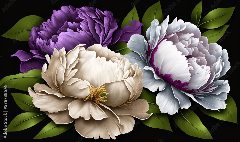  a group of three flowers with green leaves on a black background with a white and purple flower in 