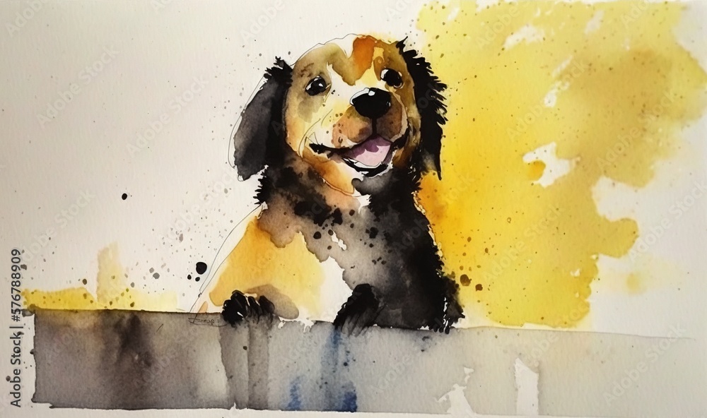  a watercolor painting of a dog sitting on a ledge with his tongue out and a yellow background behin