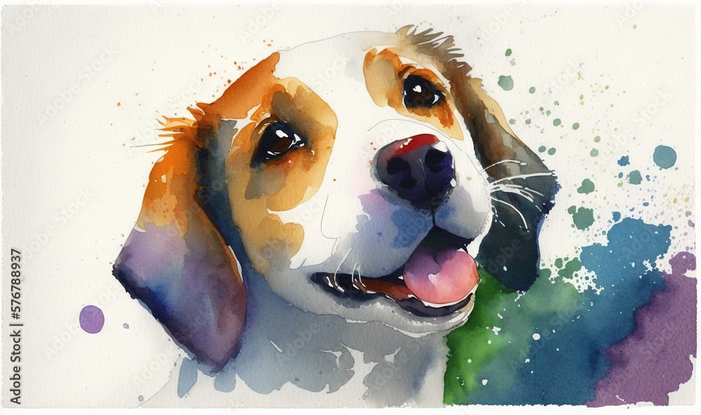  a watercolor painting of a dogs face with his tongue out and eyes wide open, with a white backgrou