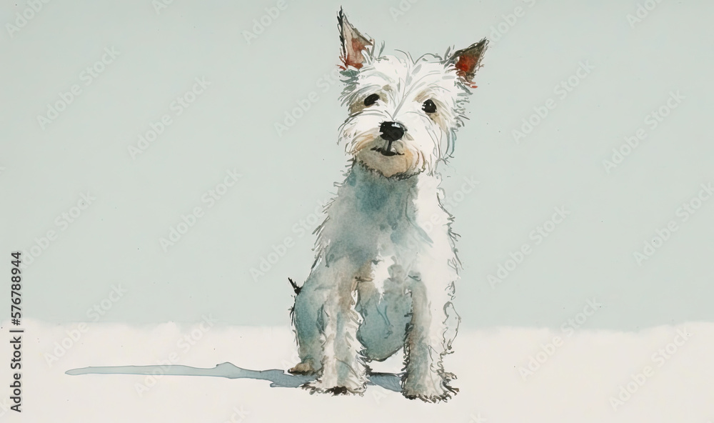  a painting of a white dog sitting in the snow with a blue sky behind it and a light blue sky in the