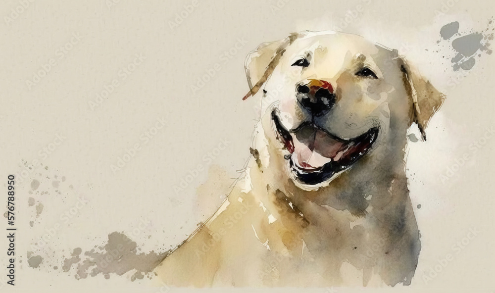  a watercolor painting of a dog with a smile on its face and a white background with a gray spot in 